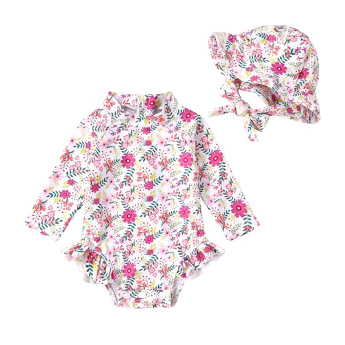 Infant Baby Girl Swimsuit One-Piece Long Sleeve Rash Guard with Hat Set Floral Zipper Bathing Suit Leopard Beach Wear