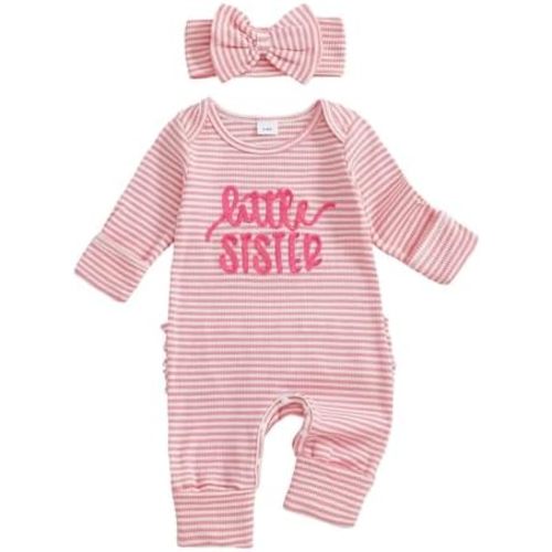 Little Sister Newborn Outfits Baby Girl Fall Winter Long Sleeve Romper Striped Jumpsuit Preemie Coming Home Outfit