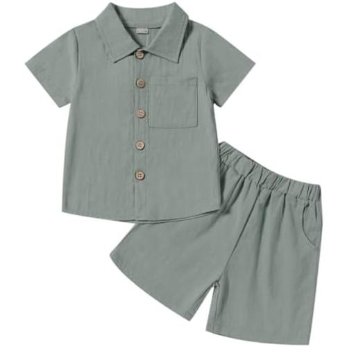 Neutocd Toddler Baby Boy Summer Clothes Cotton Linen Short Sleeve Solid Button Down Shirt Shorts Set Outfits with Pockets