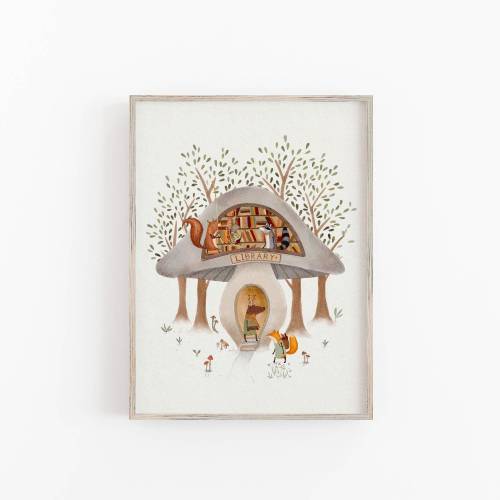 Whimsical Mushroom Art Print, Mushroom Library Illustration, Reading Theme Art For Children, Woodland Wall Decor