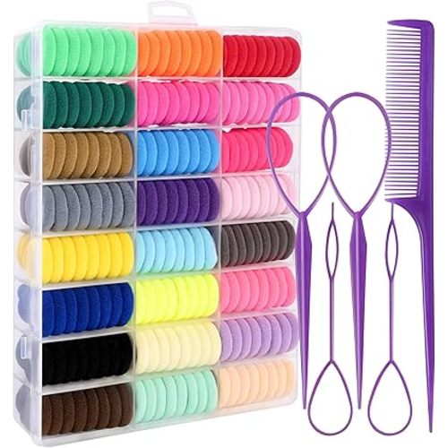 360 Pcs Baby Hair Ties, 24 Colors Cotton Toddler Hair Ties with Organizer Box, 1 Inch Seamless Baby Hair Bands for Toddler Girls, Soft Elastic Ponytail Holders with 5 Hair Loop Styling Tools