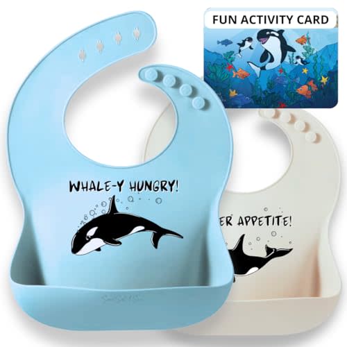 Animal Silicone Bibs for Babies - 2 Pack Sea Life Bibs for Boys and Girls - Easy to Clean Adjustable