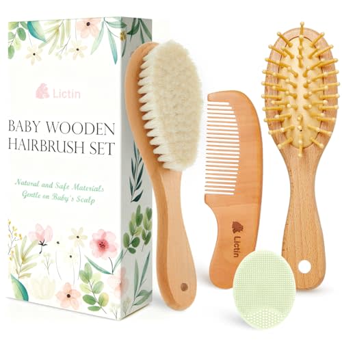 Lictin Baby Hair Brush and Comb Set, 4 Pcs Newborn Hair Brush with Soft Bristle, Natural Goat Hair and Wood Baby Cradle Cap Comb for Newborns & Toddlers, Newborn Baby Essentials, Perfect Registry Gift
