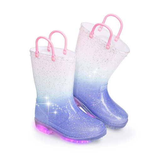 Girls Gradient Waterproof Light Up Rain Boots Kids Glitter Rain Boots with Easy on Handles