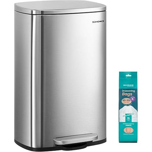 SONGMICS 13 Gallon (50 L) Trash Can, Stainless Steel Kitchen Garbage Can, Recycling or Waste Bin, Soft Close, Step-On Pedal, Removable Inner Bucket, Silver ULTB050E01