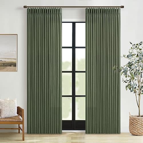Pinch Pleated Olive Green Linen Curtains 84 Inches Long 2 Panels Set for Living Room Bedroom Dining Pinch Pleat Back Tab Light Filtering Farmhouse Boho Dark Green Loden Window Curtain Drapes W50xL84