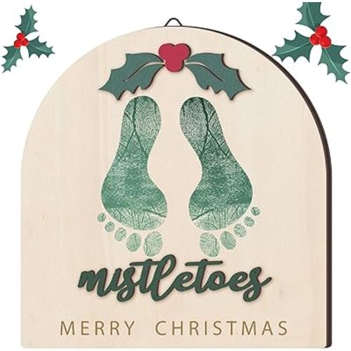 Baby's First DIY Christmas Footprint Art Wooden Mistletoe Craft Milestone Card Christmas Rustic Hanging Ornament Nursery Footprint Decorative for Baby Shower Newborn Photoshoot Prop(Classic)