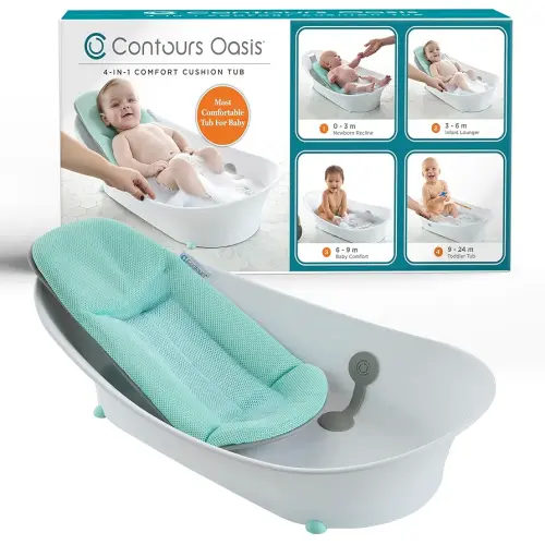 Contours Oasis 4 in 1 Comfort Cushion Baby Bathtub, Portable Infant Bath Seat, Supportive for Newborns and Toddlers 0-24 Months, Grow with Me Design, Quick Dry Mesh Pad, Easy to Clean, Blue/White