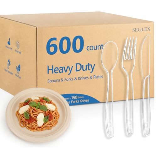 Disposable Plastic Cutlery Set, Heavy Duty Plastic Silverware Including Knives, Forks, Spoons & Paper Plates, Ideal for Parties, Catering, Events & Daily Use