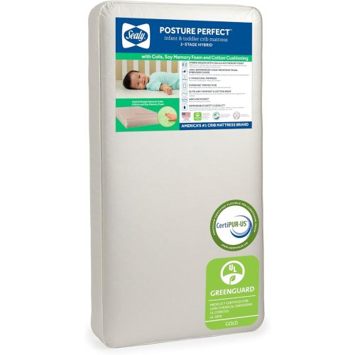 Sealy Baby Posture Perfect Breathable Crib Mattress, 2‑Stage Dual‑Sided Hybrid Memory Foam with 150 Coil Support, GREENGUARD Gold Certified, Waterproof Cover, Toddler Fit, Made in USA, 52x28