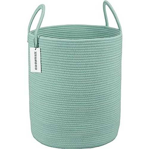 Cotton Rope Laundry Basket Hamper for Clothes Woven Storage Basket for Living Room Bedroom Boho Tall Rope Baskets for Blanket Toys Pillow Towels Baby Nursery Hamper Bin Large light green