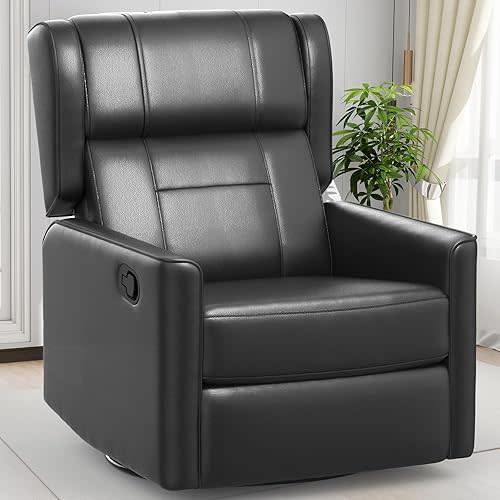 Recliner Chair, 360 Swivel Rocker Chair for Adults, FSC Certified Rocking Reclining for Small Spaces, Upholstered Leather Glider Recliner Nursery Sofa for Living Room, Nursery, Black