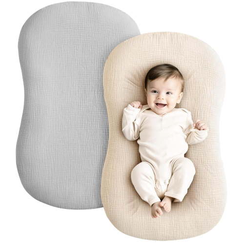 AUQ 2 Pack Muslin Baby Lounger Covers, Covers Only, 30.7" X 20" | 100% Cotton, Soft & Breathable, Baby Nest Slipcover, Envelope Closure, Pre-Washed for Lasting Fit (Grey,Cream)
