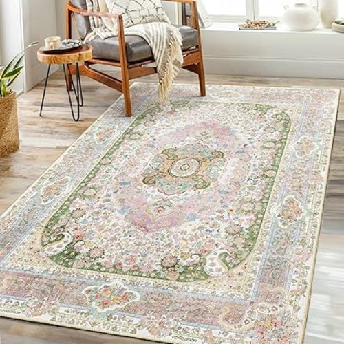 Pink Green Rug 3x5,Boho Washable Area Rugs for Bedroom Living Room