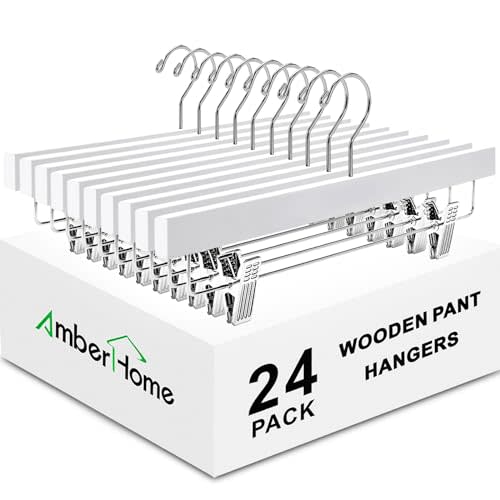 Amber Home 24 Pack White Wooden Pants Hangers with Clips, 14" Wood Skirt & Trousers Hangers, Closet Hangers for Jeans, Slacks, Shorts, with 2-Adjustable Clips (White, 24)