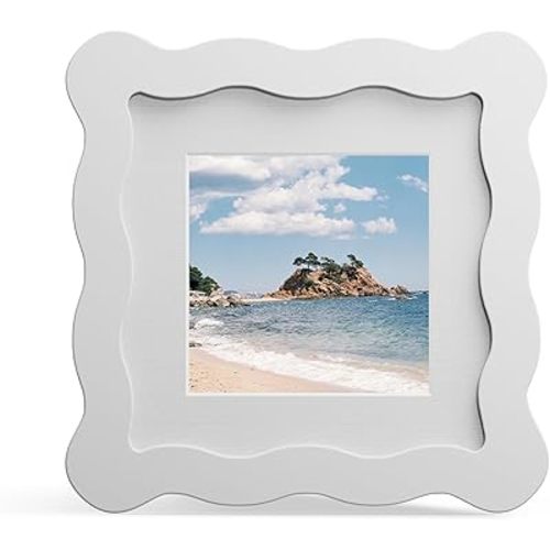 4x4 Picture Frame with Mat for 3x3, Wavy Edge Wooden Real Glass Photo Frame for Tabletop and Wall Hanging, White, 1 Pack
