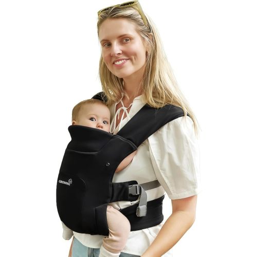 GROWNSY Ergonomic Baby Carrier Newborn to Toddler with Head Support, Black | Ergonomic M-Position, Foldable Head & Neck Support, Soft & Breathable Fabric, EVA Waist Cushion, Hassle-Free Fastener Buckle