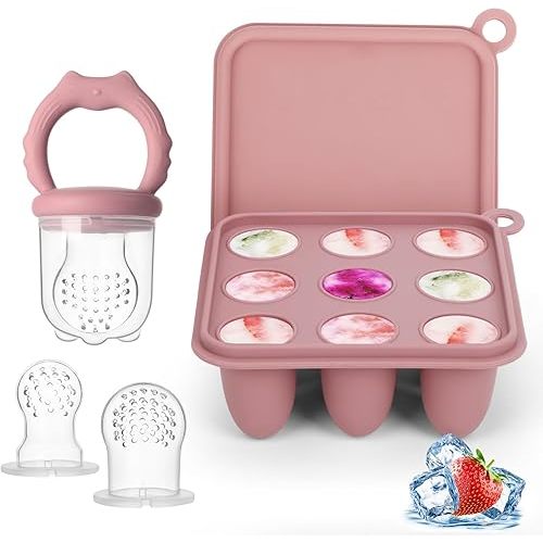 Baby Fruit Food Feeder Popsicle Molds, Silicone Food Freezer Tray for Cooling Teething Relief, Baby Food Feeder for Safe Infant Self Feeding, Includes 3 Extra Food Pacifier