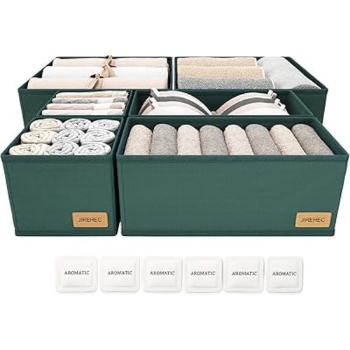 Clothes Organizer, Transform Your Drawers in Seconds - Green Set of 6 Foldable Storage Boxes with Zipper, Durable 600D Fabric, Includes Fragrance Sachets, Ideal for Underwear, Socks, Baby Clothes