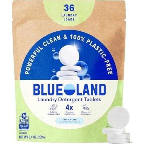 BLUELAND Laundry Detergent Tablets, 36 Count, Plastic-Free Eco-Friendly, Fragrance Free and Clear, Safe for Sensitive Skin, No Harsh Chemicals, Lifts Tough Stains and Odors