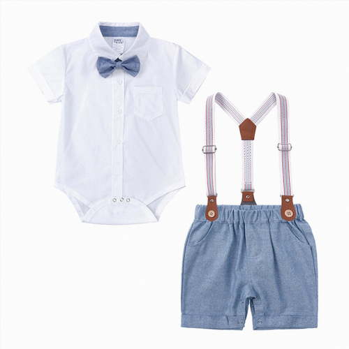 HCNTES Baby Boys Formal Suit Kids Boy Shorts Clothing Set Short Sleeve Romper Suspenders 2PC Kids Outfits Set Size 0-2 T