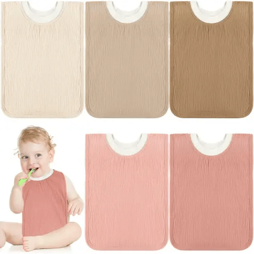 Newwiee 5 Pcs Large Muslin Pullover Baby Bibs Full Coverage Toddler Slip on Absorbent Bib Waterproof Toddler Towel Bibs (Cute Color)