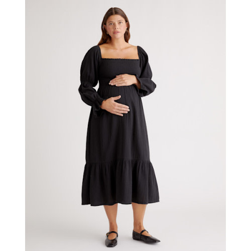 100% Organic Cotton Gauze Maternity Smocked Midi Dress in Ocean Breeze