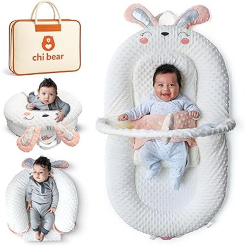 BabyNest -Infant Baby Lounger – Soft Minky Dot Floor Play Mat with Toy Arch & Pillow – Portable Tummy Time & Activity Mat (Pink Bunny)