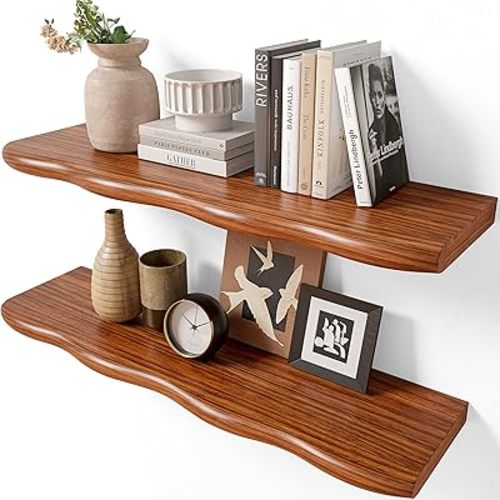 24inch Walnut Finished Floating Shelves for Wall,Luxury Rustic Solid Pine Wood Shelf Bracket for Room Decor,Wall Mounted Hanging Shelves for Bedroom,Living Room, Set of 2