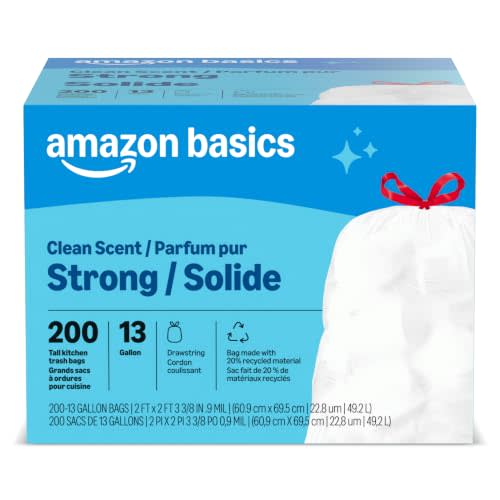 Amazon Basics Scented Trash Bags, Tall Kitchen Drawstring, Clean Scent, 13 Gallon, 200 Count, Pack of 1, Packaging May Vary