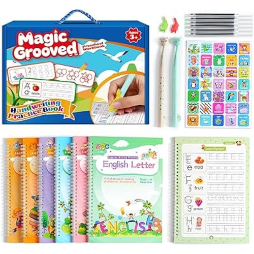 CosyCorner Magical Handwriting Workbooks Handwriting Practice Magic Copybook, Handwriting Aid Magic Pen Reusable Copybook Grooves Template Design for Children (6)