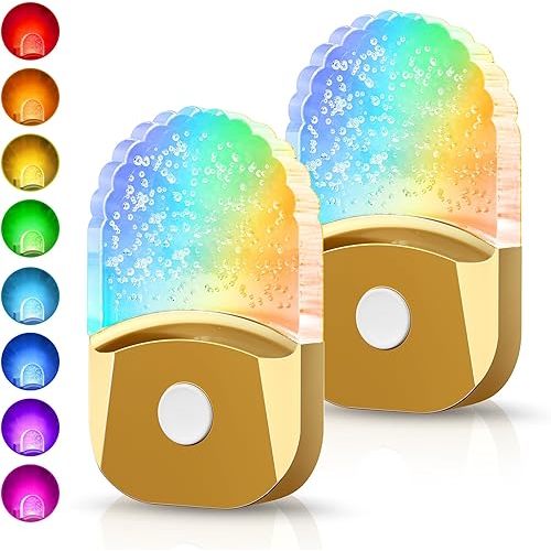 DORESshop 8-Color RGB LED Night Lights Plug Into Wall [2 Pack], Color Changing Night Light with Dusk to Dawn Sensor for Bathroom Decor, Children Room, Golden Cover