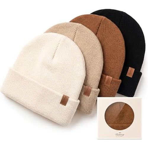 Konssy 4-Pack Baby Beanie Winter Hat for Newborn Infant Boy Girl 0-6 Months | Cozy Double-Layer Knitted Warm Hats, Extra-Soft, Warm Stretch Beanies Without Tight Marks, Multicolor set, Machine Washable