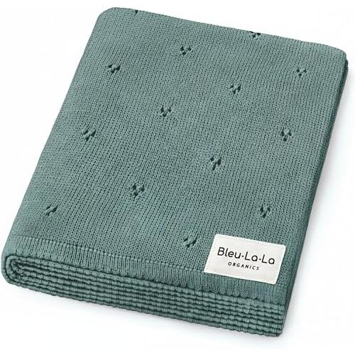Bleu La La 100% Luxury Organic Cotton Pointelle Knit Baby Quilt Blanket – Refined Lightweight Heirloom Nursery Essential (Pointelle - Forest Green)