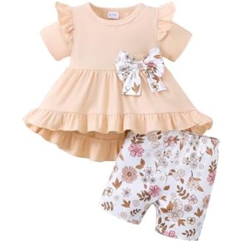 Kucnuzki Baby Girl Clothes Toddler Girls Summer Outfits Kids Short Fly Sleeve Cute Ruffle Shirts Tops Floral Shorts Set