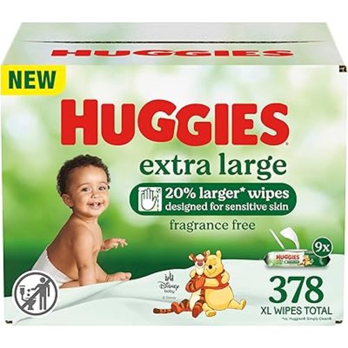 Huggies Extra Large Baby Wipes, Unscented, 9 Flip-Top Packs, 378 XL Wipes Total, Packaging May Vary