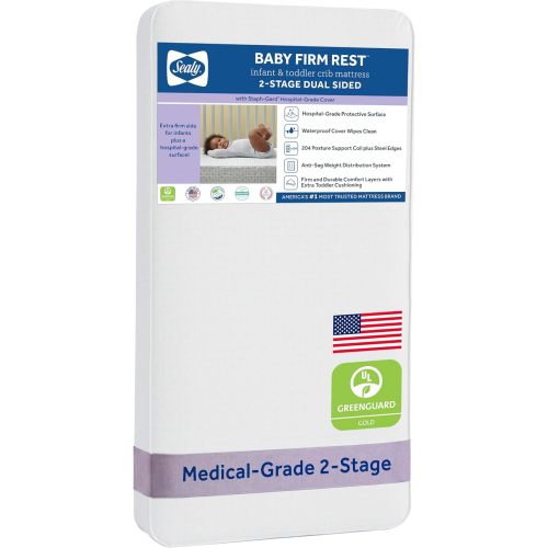 Sealy Baby Infant & Toddler Crib Mattress, Firm Rest 2 Stage, 204 Coils, Waterproof Breathable, Non Toxic, GREENGUARD GOLD Certified, Made in USA, 52x28