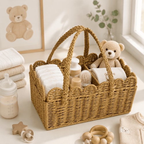 15'' Diaper Caddy Organizer, Paper Rope Storage Baskets Nursery Bin with Removable Divider, Woven Scalloped Portable Car Organizer for Diapers, Baby Shower Gifts, Newborn Essentials Must Haves