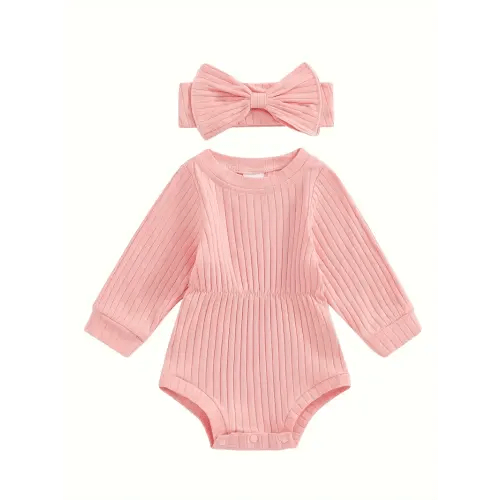 baby girl fall outfit solid color round neck long sleeve - Temu