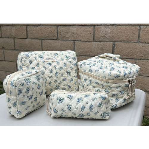 Custom Embroidered Chic Makeup Bag Set for Women (4 Pcs) - Elegant Quilted Floral Cosmetic Travel Cases, Personalized Toiletry Organizer