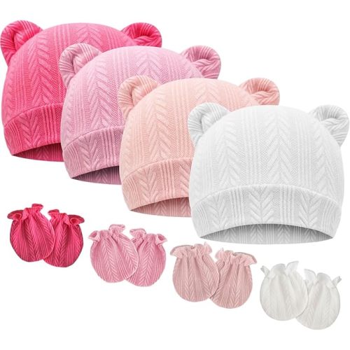 BQUBO Newborn Baby Hats Bear Ears and Mittens Sets Preemie Caps Baby Boy Girl Infant Hospital Beanie for 0-3 Months