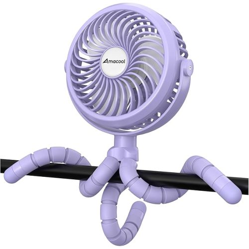AMACOOL Battery Operated Stroller Fan Flexible Tripod Clip On Fan with 3 Speeds and Rotatable Handheld Personal Fans for Car Seat Crib Bike Treadmill (Purple)
