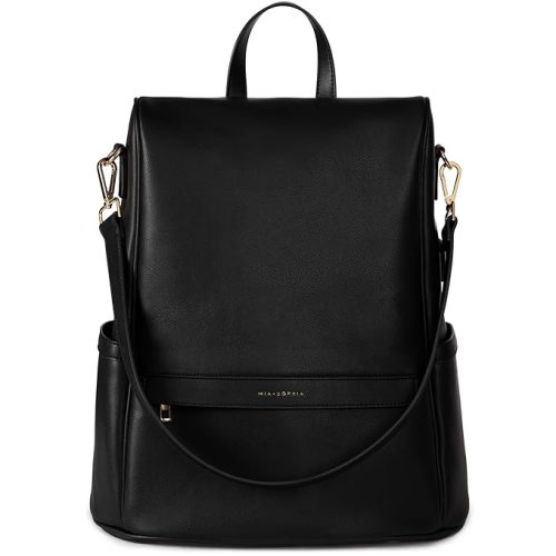 MIA + SOPHIA Leather Diaper Bag Backpack with USB Charging port, Changing Pad, Stroller Straps (Black Mia)
