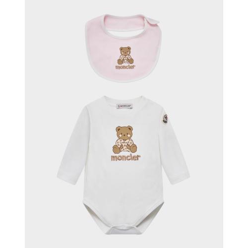 Kid's Teddy Bear Logo Cotton Romper & Bib Gift Set, Size 1M-12M