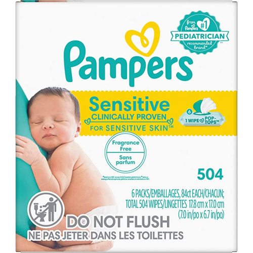Pampers Sensitive Baby Wipes - 504 Count, Water Based, Hypoallergenic and Unscented (Packaging May Vary) - 84 Count (Pack of 6)