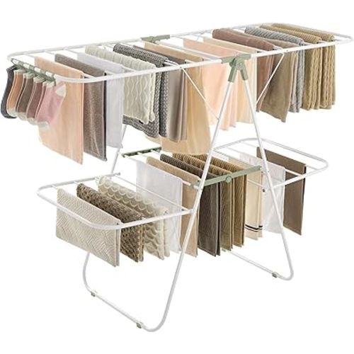 SONGMICS Clothes Drying Rack, Foldable 2-Level Laundry Drying Rack, Free-Standing Laundry Airer, with Height-Adjustable Wings, 33 Drying Rails, Sock Clips, White and Green ULLR053C01V1