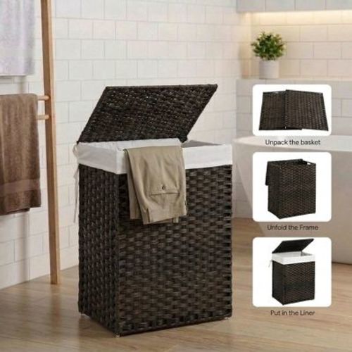 SONGMICS 23.8 Gal (90L) Laundry Hamper Laundry Basket with Lid and Handles Wicker hamper Brown
