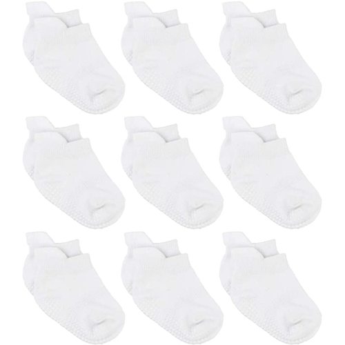 Zaples Baby Non Slip Grip Ankle Socks with Non Skid Soles for Infants Toddlers Kids Boys Girls - White - 9 Pairs - 12-36 Months