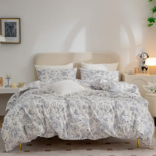Flower Duvet Cover Queen, 100% Brushed Microfiber 3 Pieces Queen Bedding Sets, Vintage Floral Chic Garden Style Floral Pattern Queen Duvet Cover with Zipper Closure