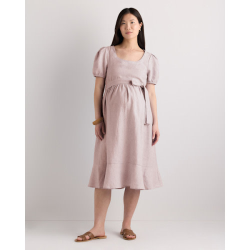 100% European Linen Maternity Short Sleeve Midi Dress in Ivory Porcelain Blue Petite Floral